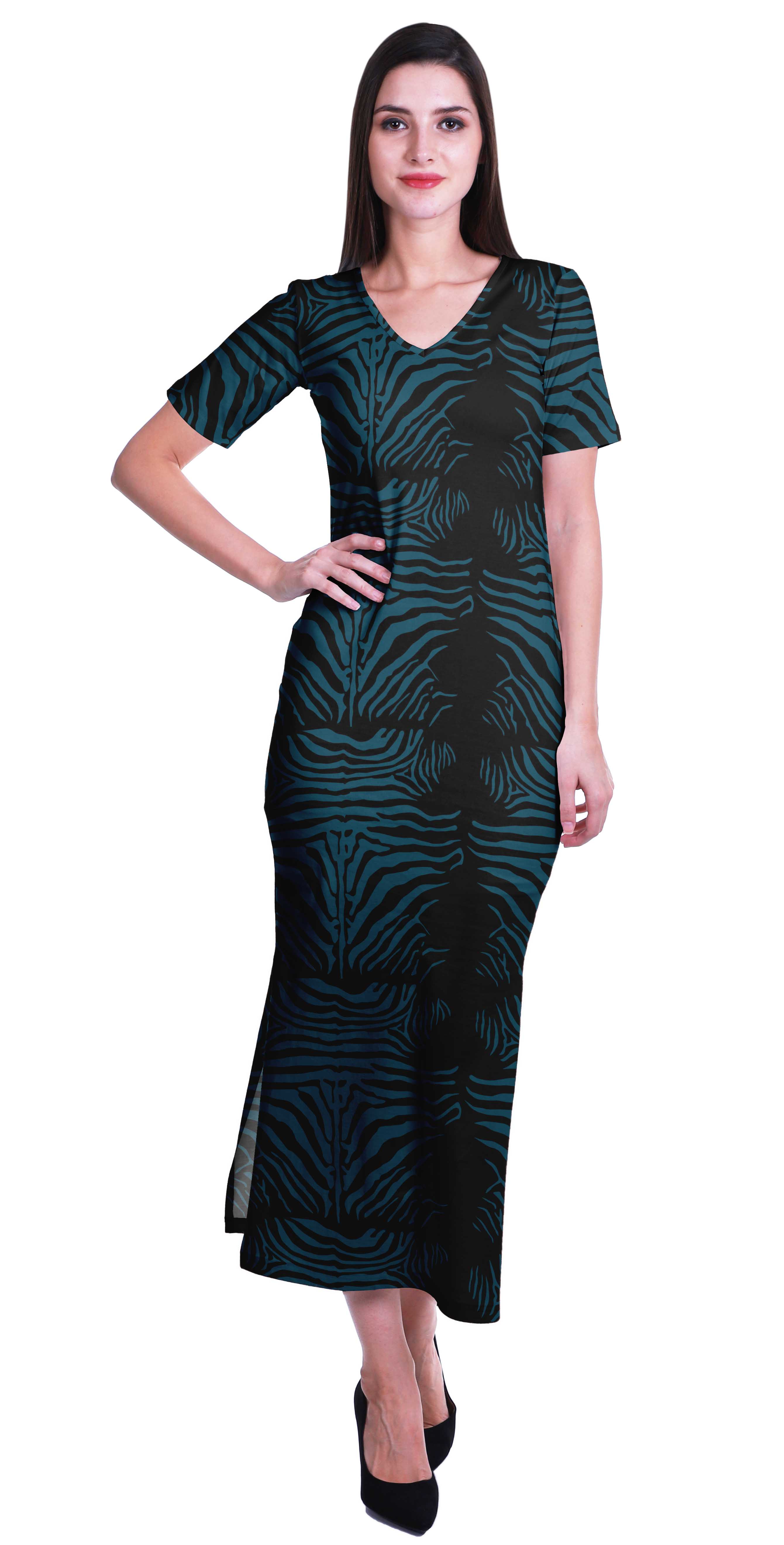 Moomaya Long Bodycon Maxi Dress For Womens Short Sleeve V neck Printed ...