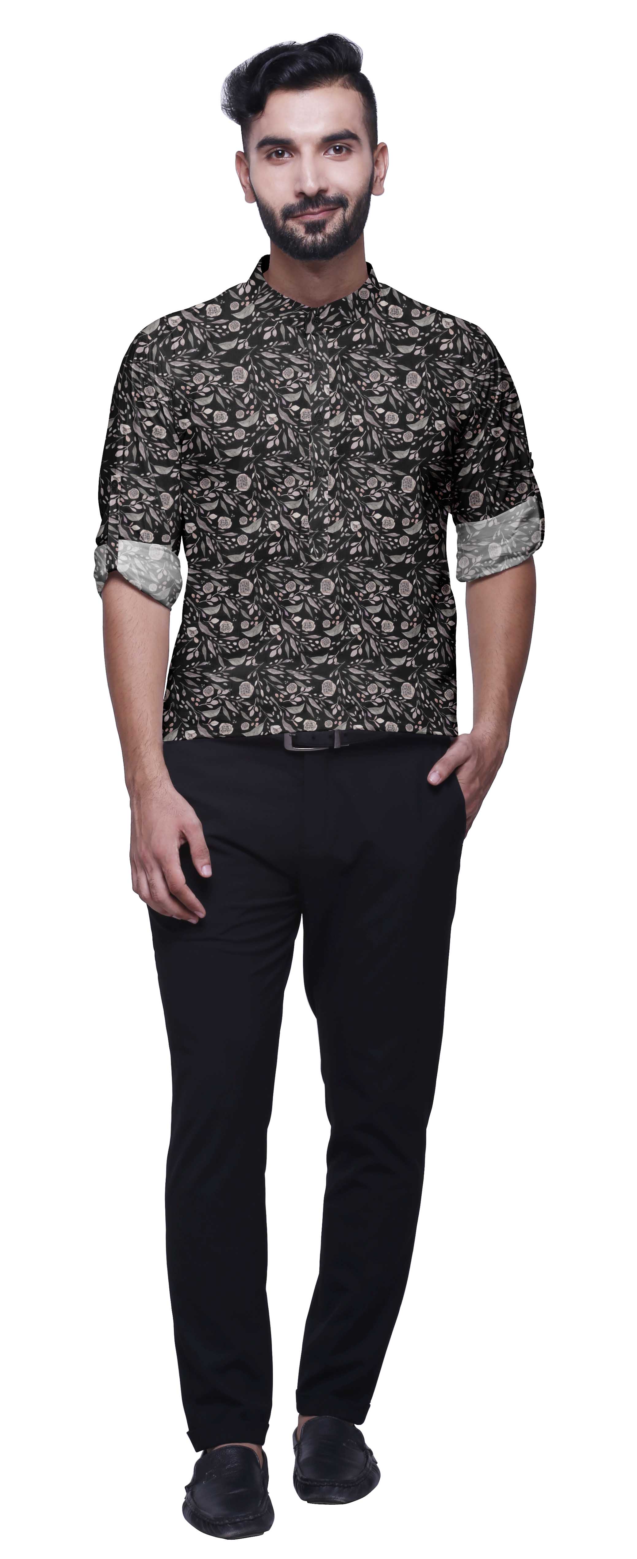 Bestman Mandarin Collar Shirt Print Mens Short Kurta Casual Ethnic