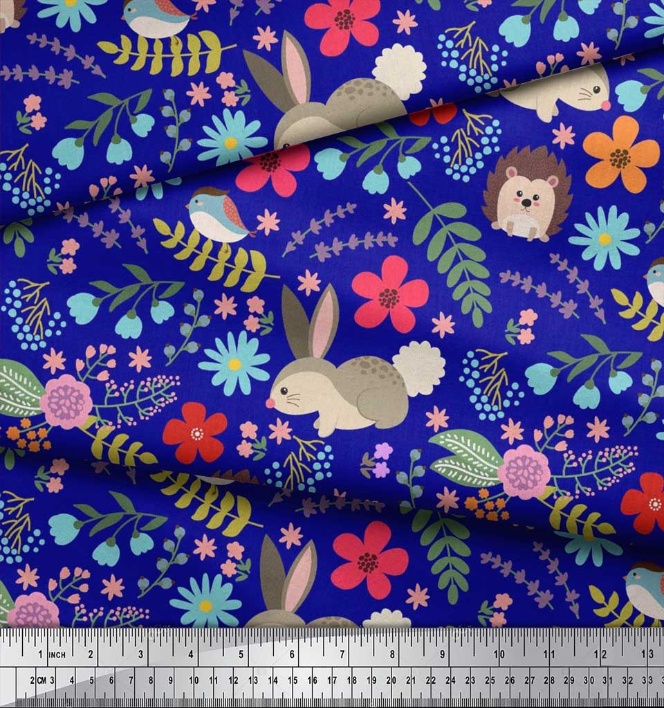 Soimoi Fabric Floral,Rabbit & Porcupine Cartoon Print Sewing Fabric BTY