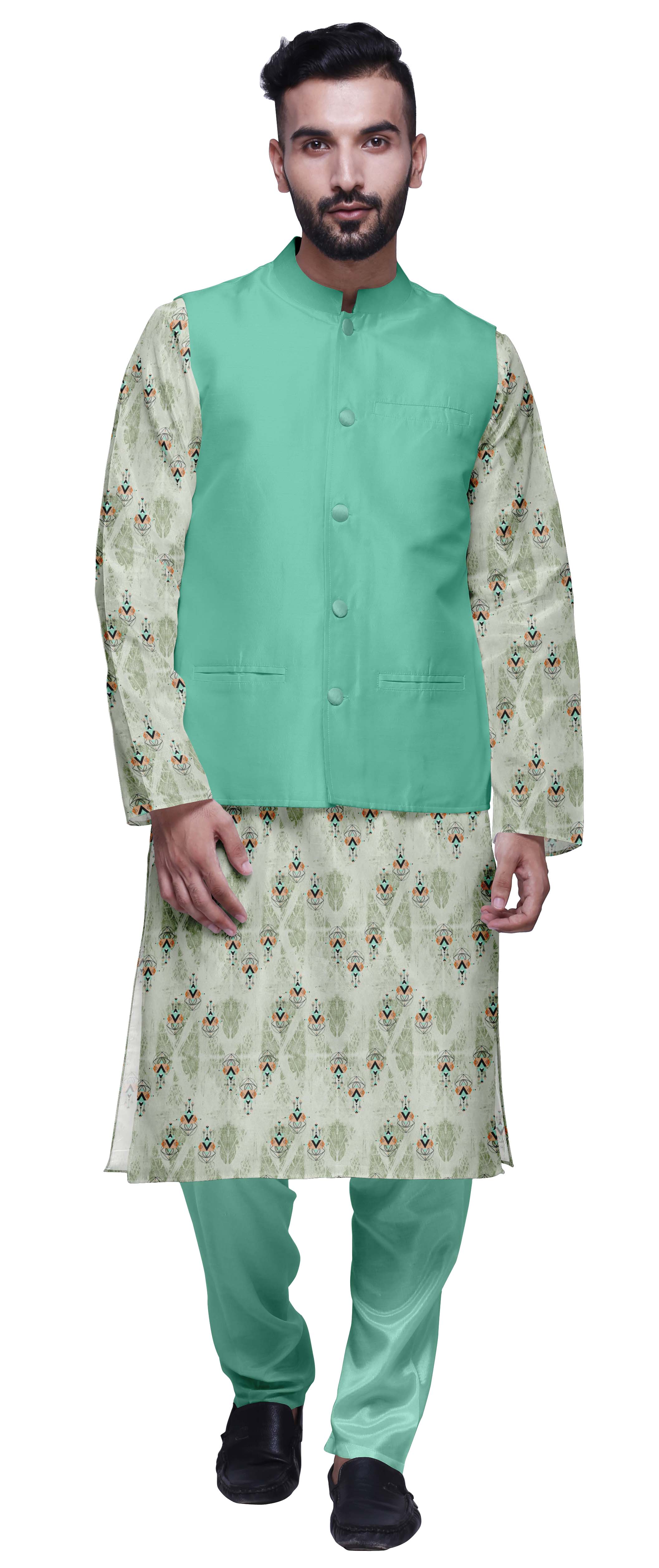 Atasi Designer Indian Ethnic Mens Green Kurta Pyjama Long Dupion Shirt 