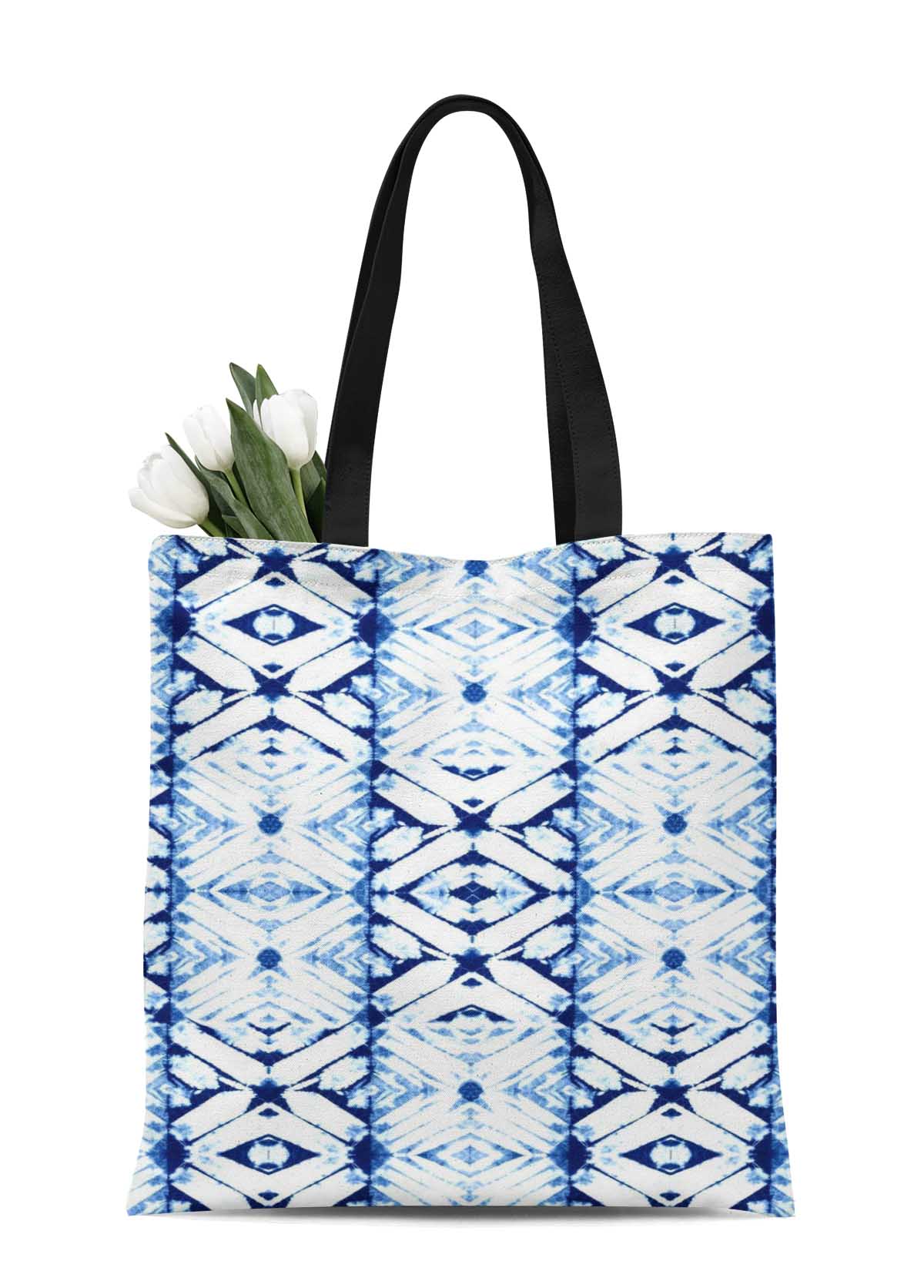 S4Sassy Blue Geometric Tie-Dye Print Canvas Shopping Tote Bag Carrying ...