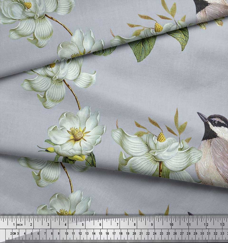 Soimoi Blue Cotton Poplin Fabric Leaves|White Floral & Bird Print-scT