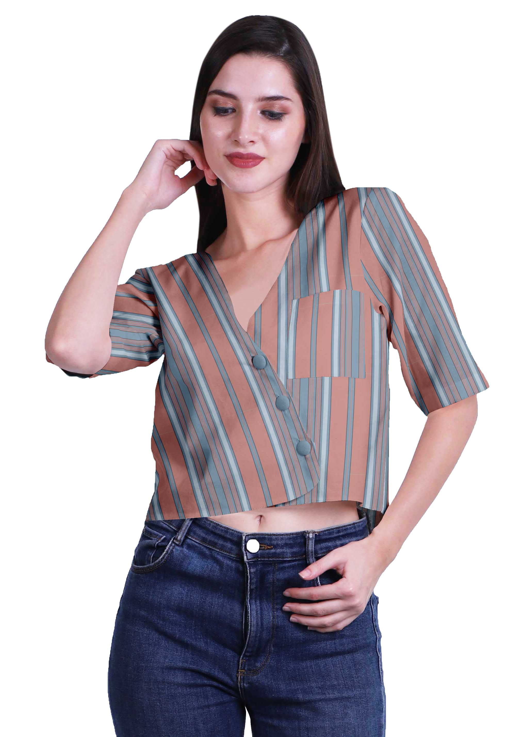 Moomaya Womens Printed Cotton Vneck Crop Top Elbow Sleeve SummerdcR