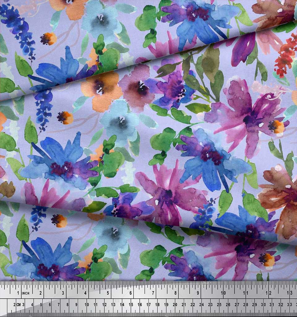 Soimoi Bleu Batiste de Coton en Tissu Fleurs et Feuilles Aquarelle Tissus imprimes par Metre 42 Pouce Large