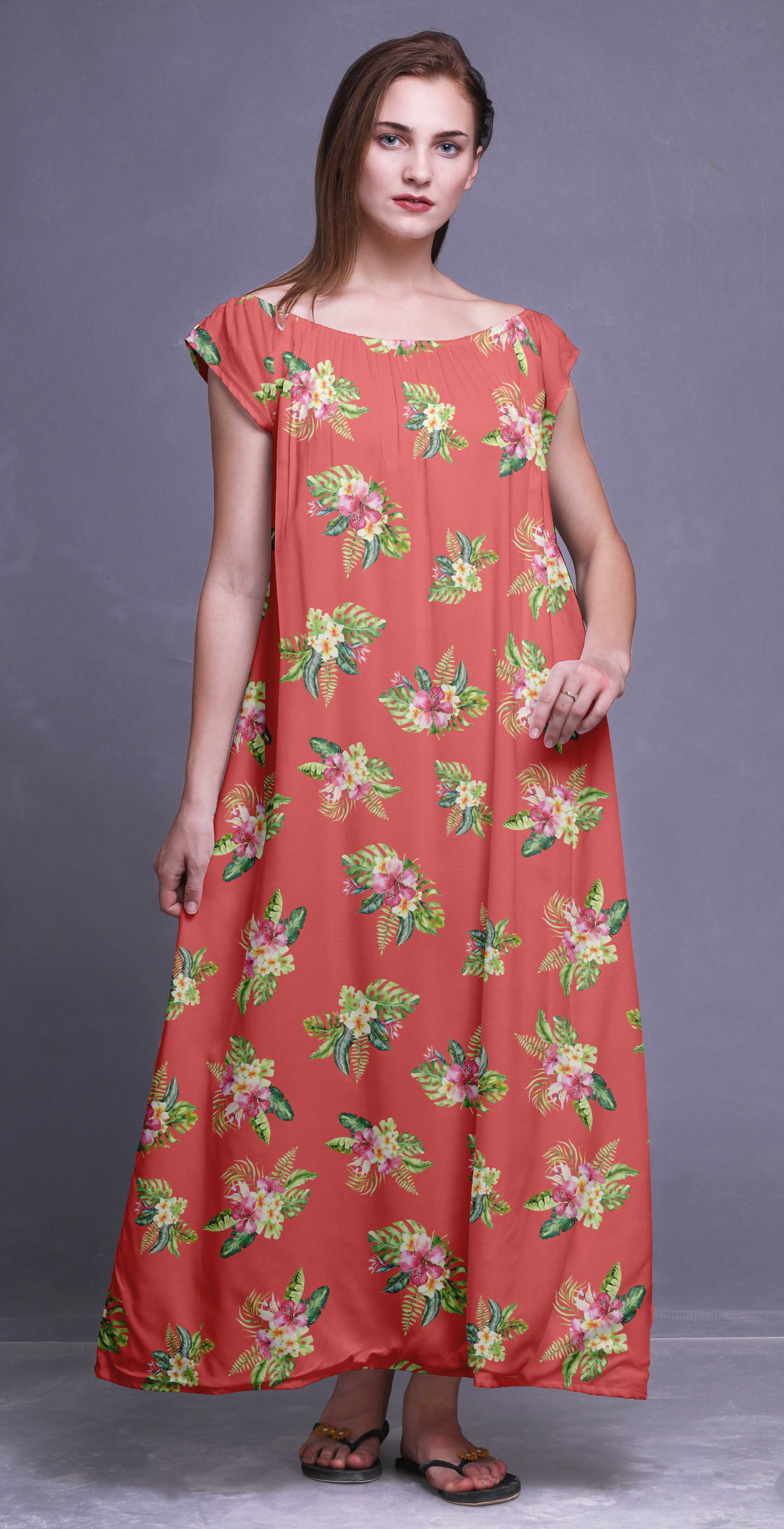 Bimba Printed Long Maxi Dress For Women Cotton Sleepwear Nightgown-FL ...