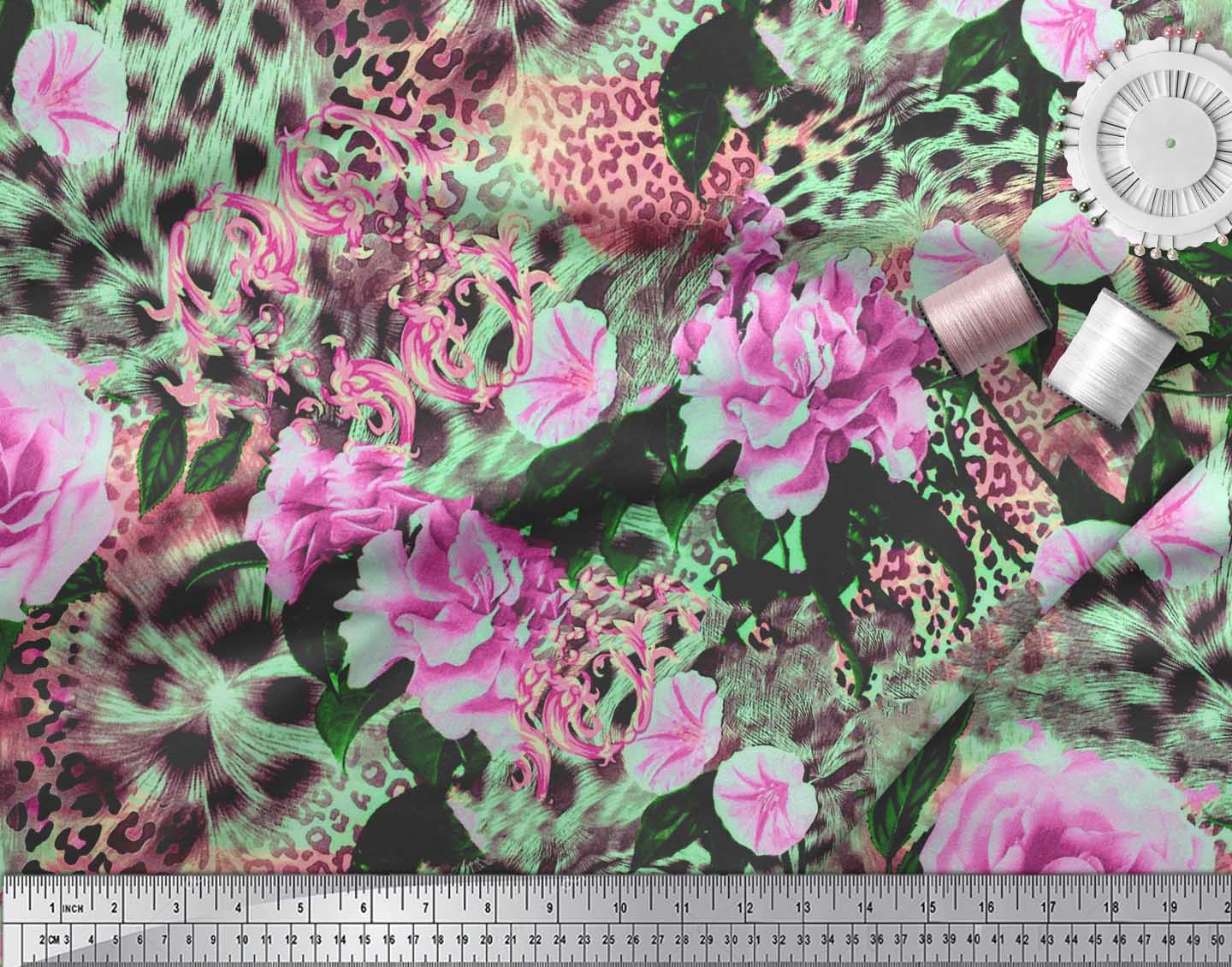 FW-335E Soimoi Fabric Leopard Skin,Leaves & Carnation Flower Print Fabric BTY
