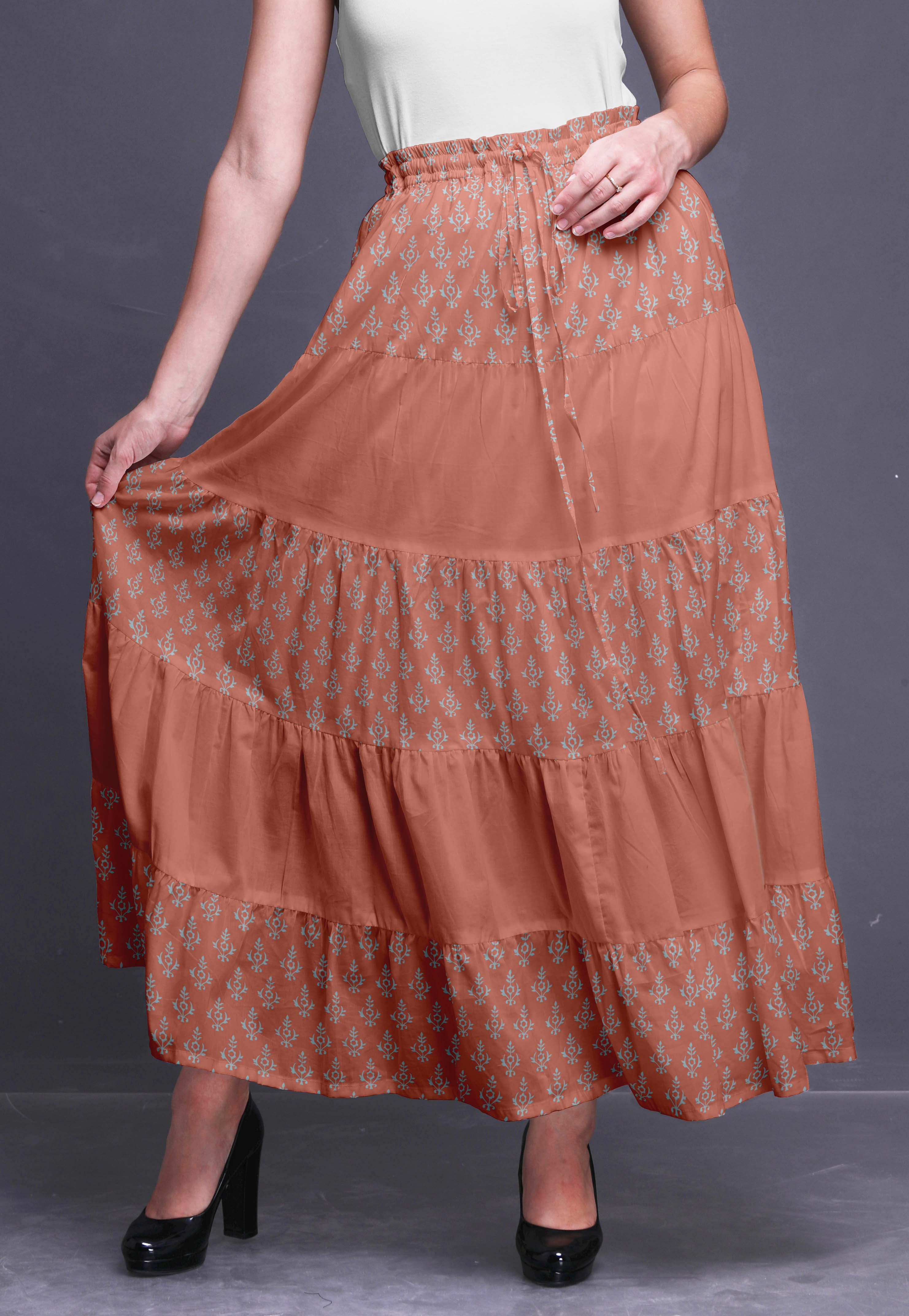Bimba Women Skirts Long Bohemian Gypsy 5 Tier Cotton Printed Long-DT