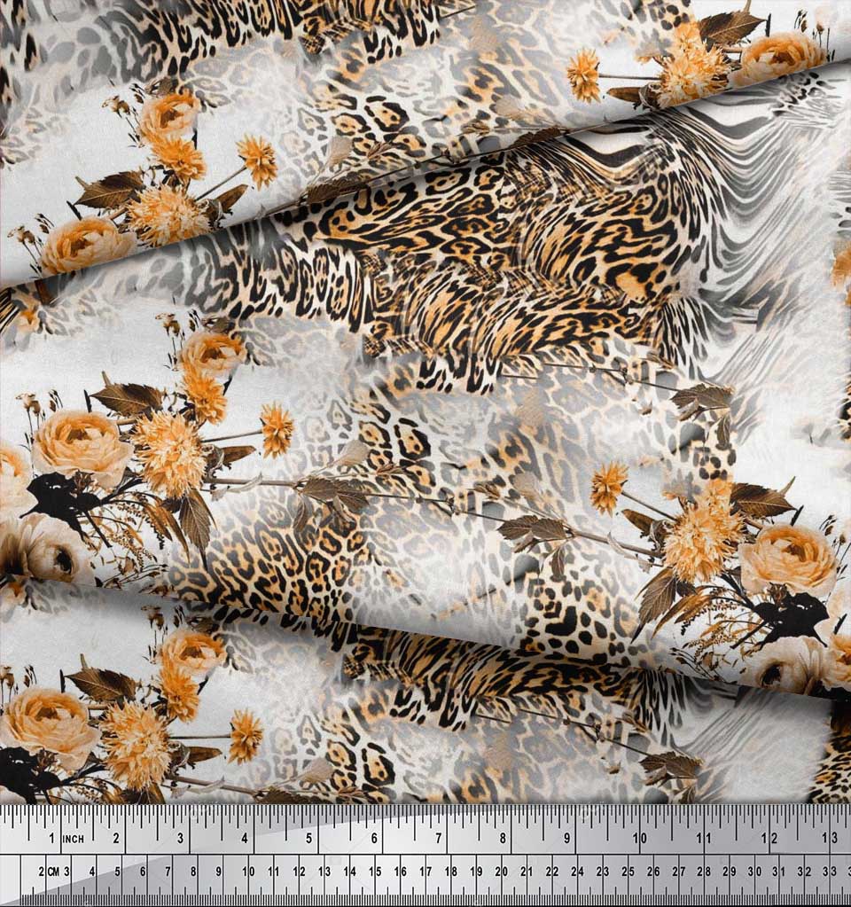 AS-81A Soimoi Fabric Rose,Dahlia & Leopard Animal Skin Print Sewing Fabric BTY 