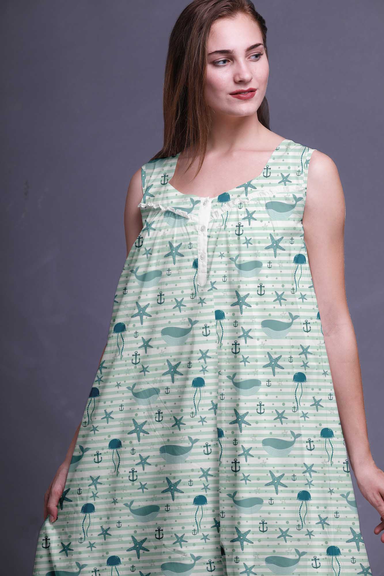 Blumen- ärmelloses Nachthemd für Damen aus Baumwolle mit Baumwolldruck