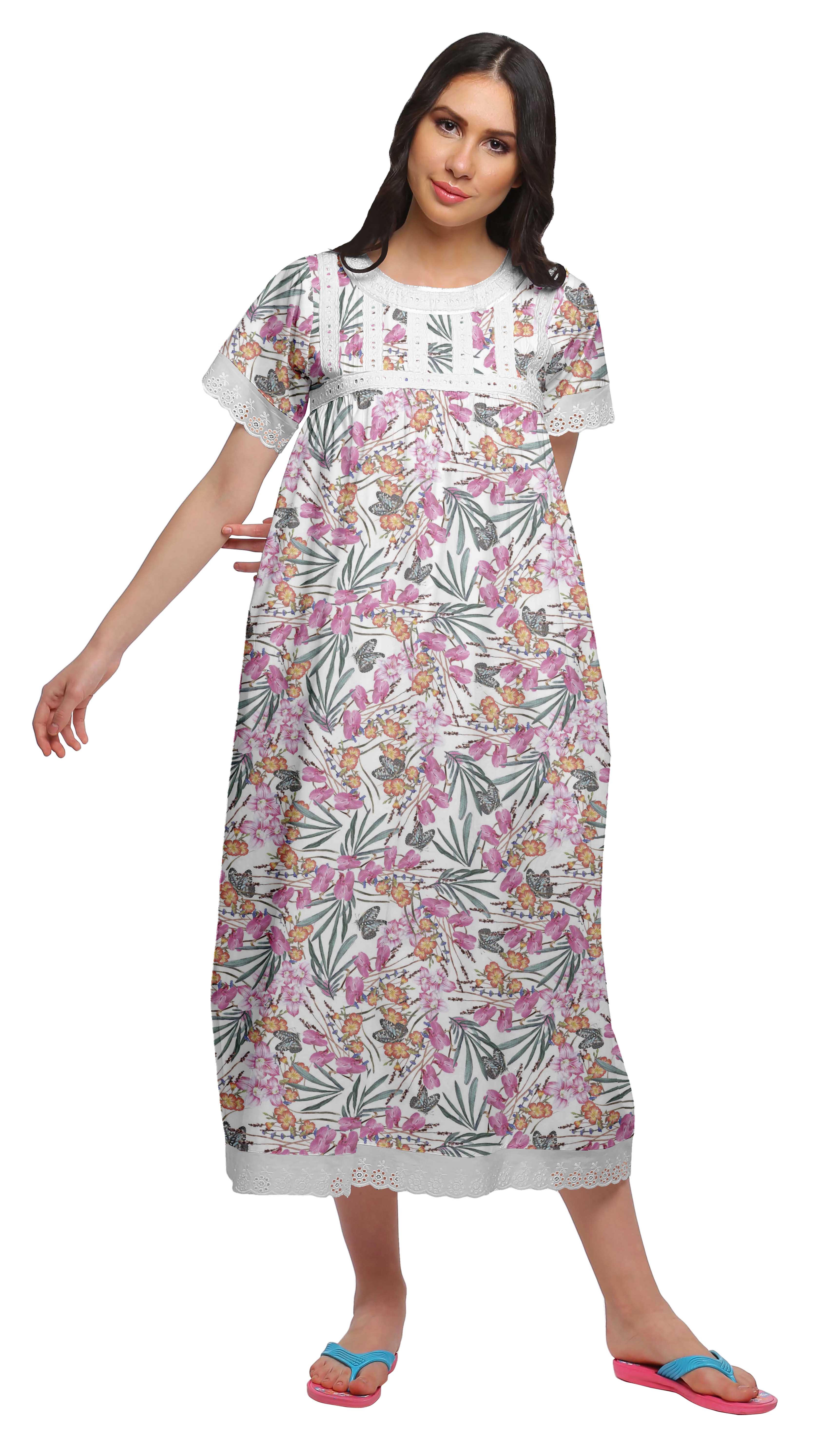 Moomaya Printed Maxi Nightdress For Ladies Ruffled Border Night Gown-FL ...