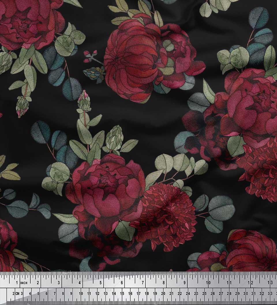 Soimoi Black Cotton Canvas Fabric Leaves & Rose Floral Fabric