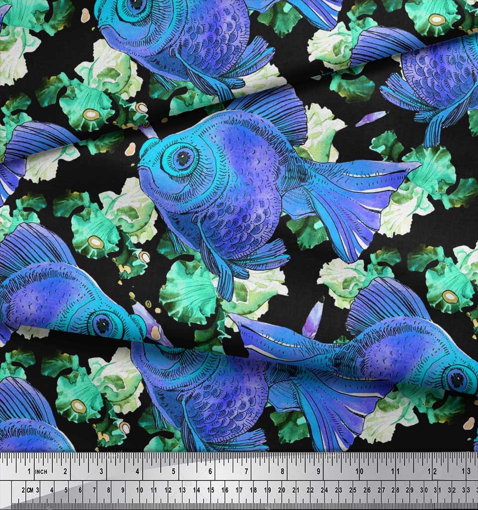 Soimoi Blue Cotton Poplin Fabric Fish Ocean Print Sewing Fabric-de0