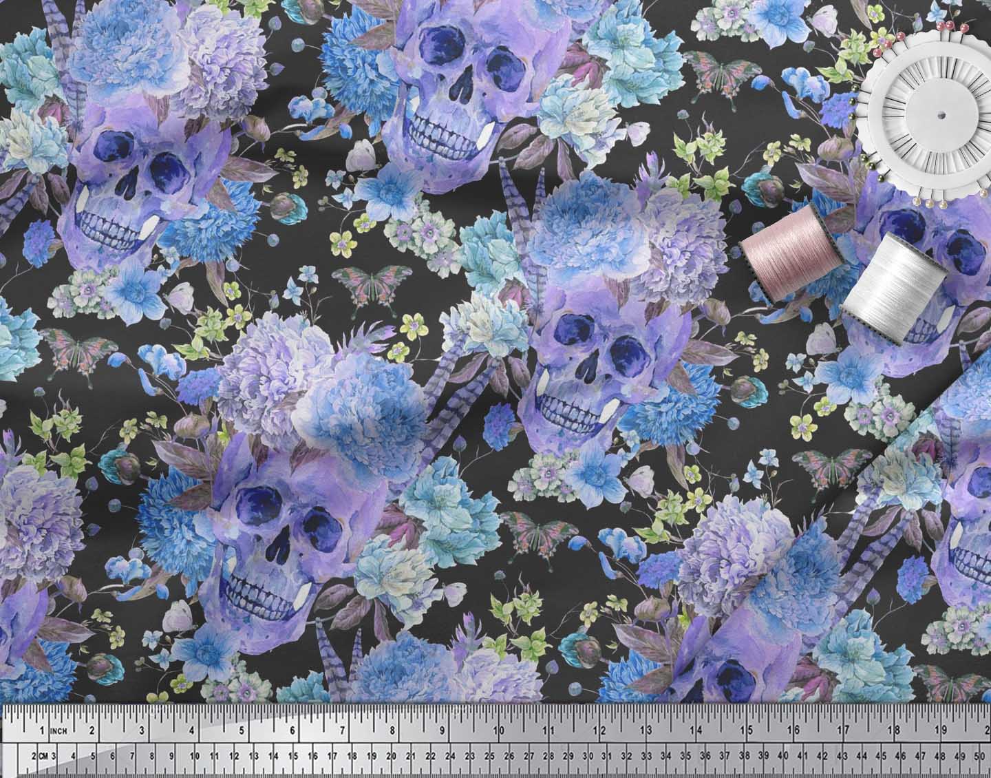 Soimoi Fabric Floral & Cow Skull Head Damask Print Fabric by the Meter DK-502B 