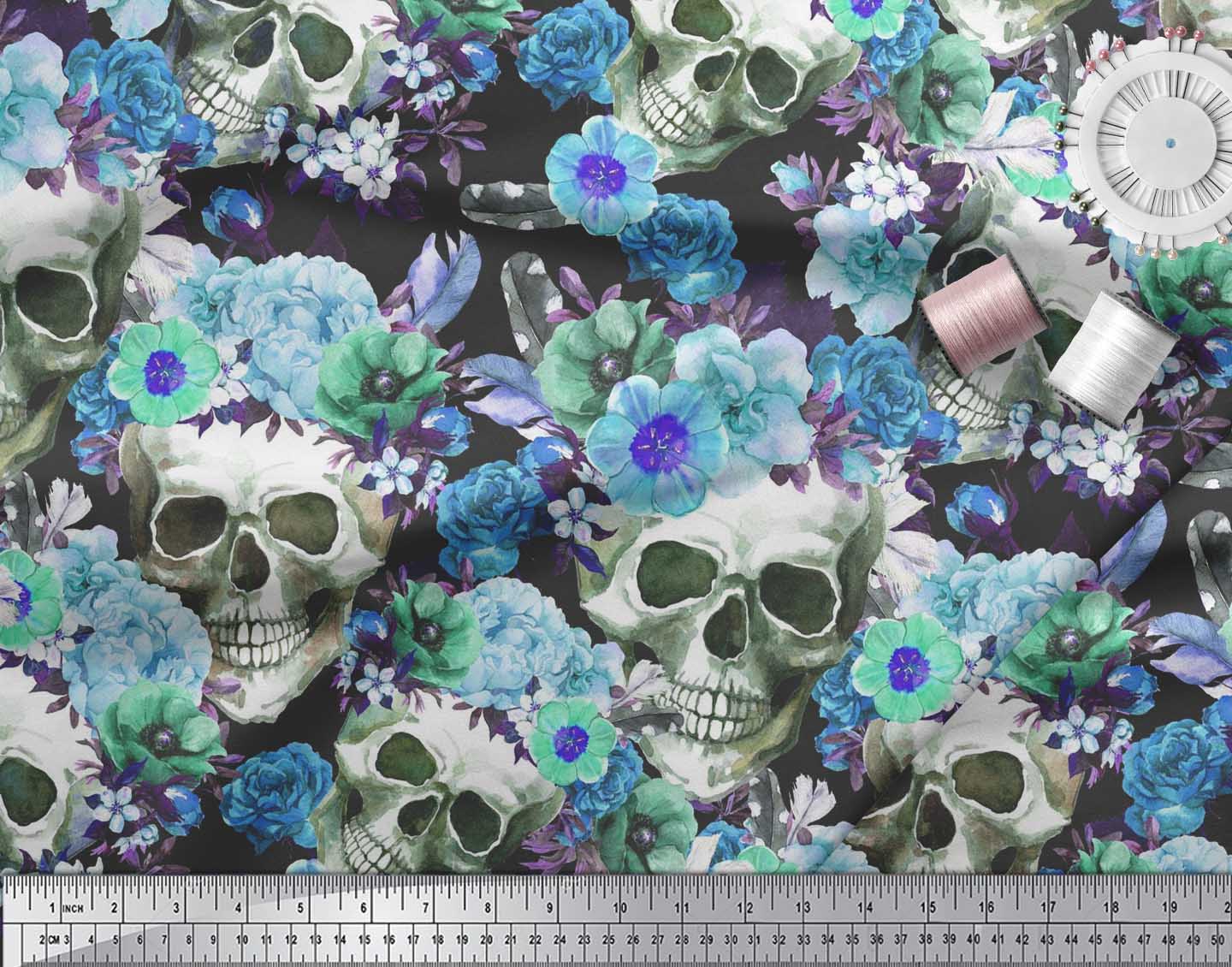 HD Roses And Skull Green Printed Cotton Fabric By The Yard