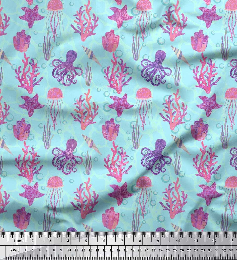 Octopus Coral Sealife Turquoise Poly Coton Popeline Fat Quarter 