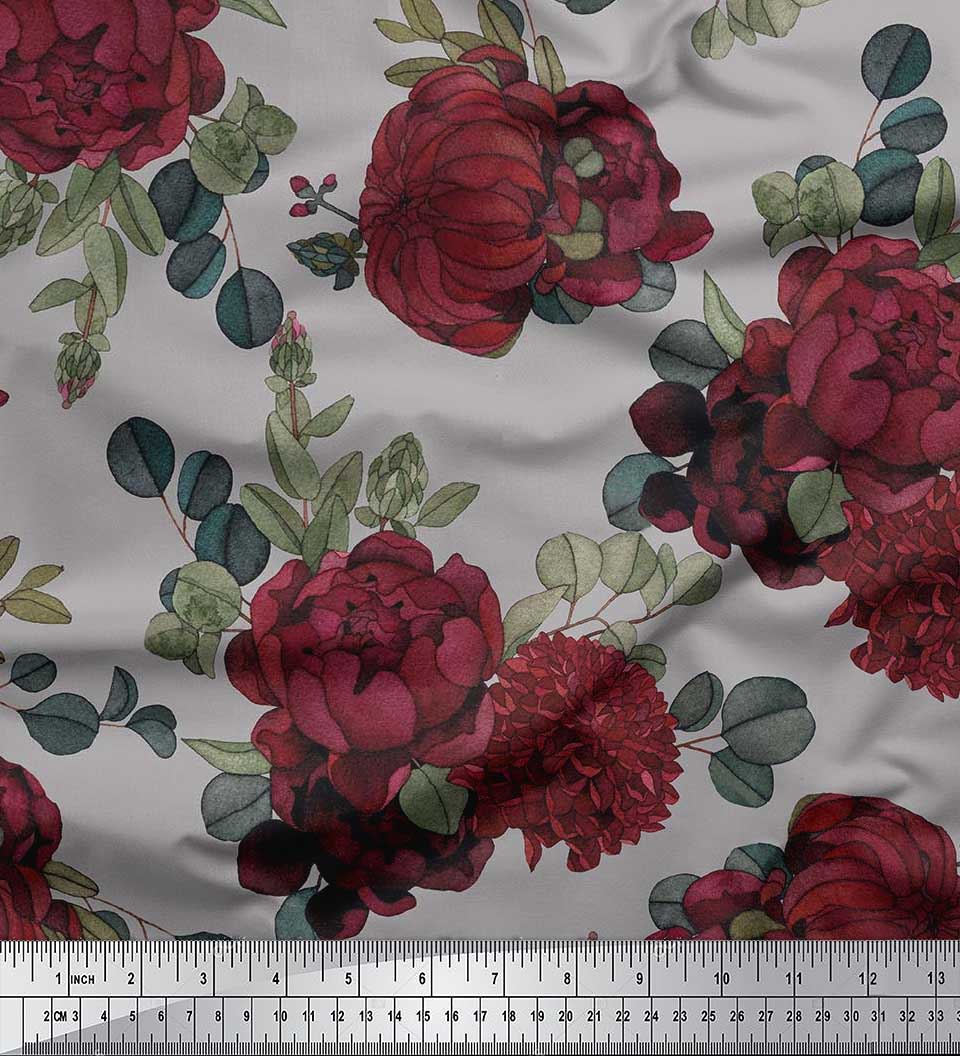 Soimoi Black Cotton Canvas Fabric Leaves & Rose Floral Fabric